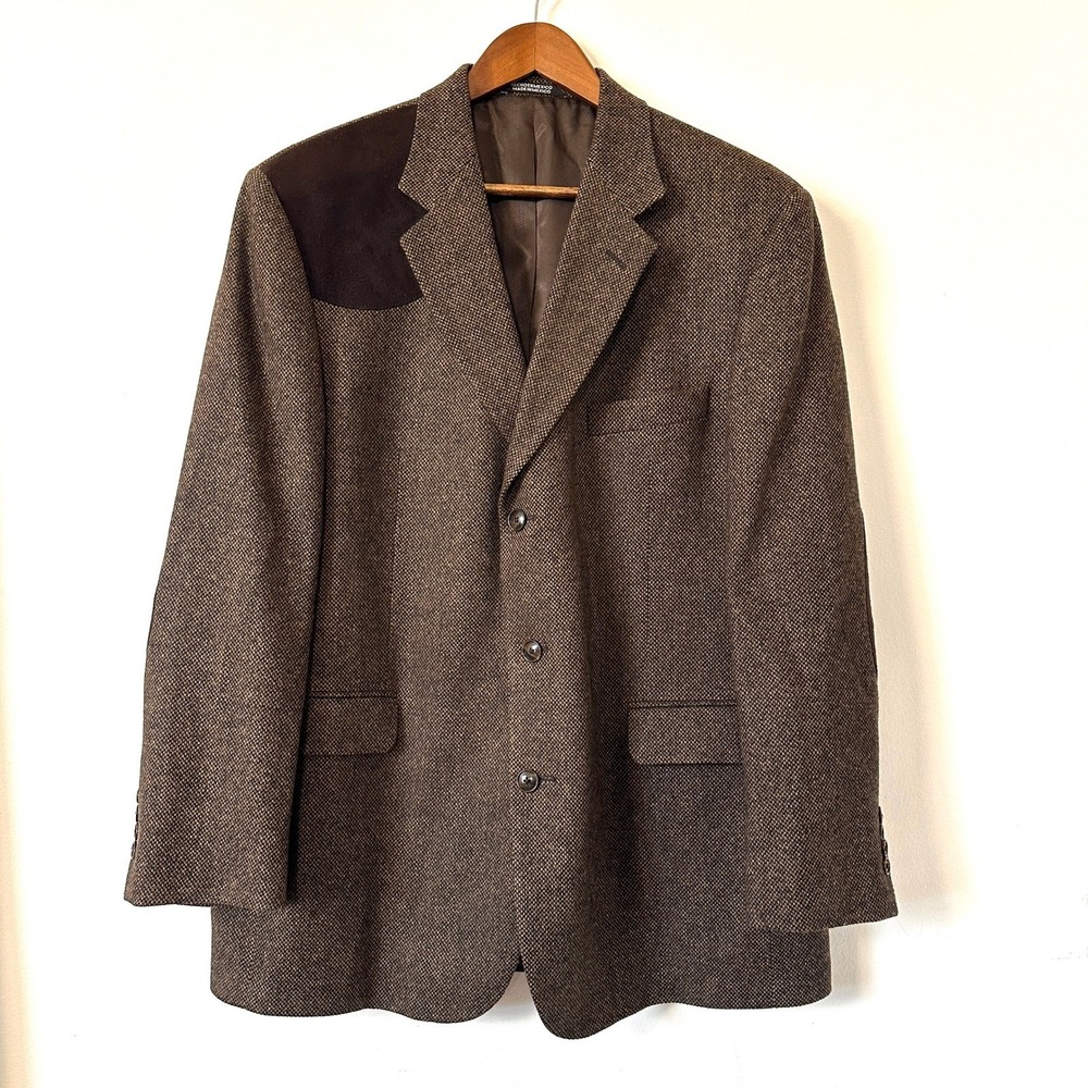VTG 90s Stafford Lambswool Tweed Sport Coat Brown Suede Shooting Elbow Patch 44R